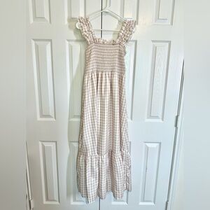 Small/Medium Smocked Ruffle Tan Gingham Boutique Feminine Casual Maxi Dress